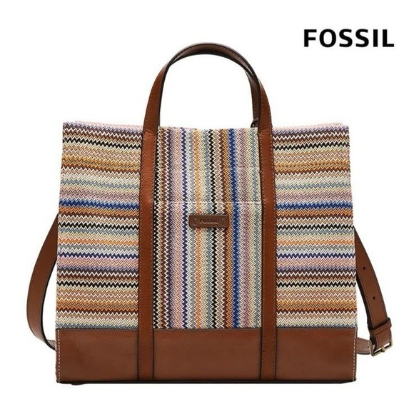 Fossil Handbags - Fossil Carmen Tote Southwest Stripe Knit Leather Handles Boho Satchel Bag